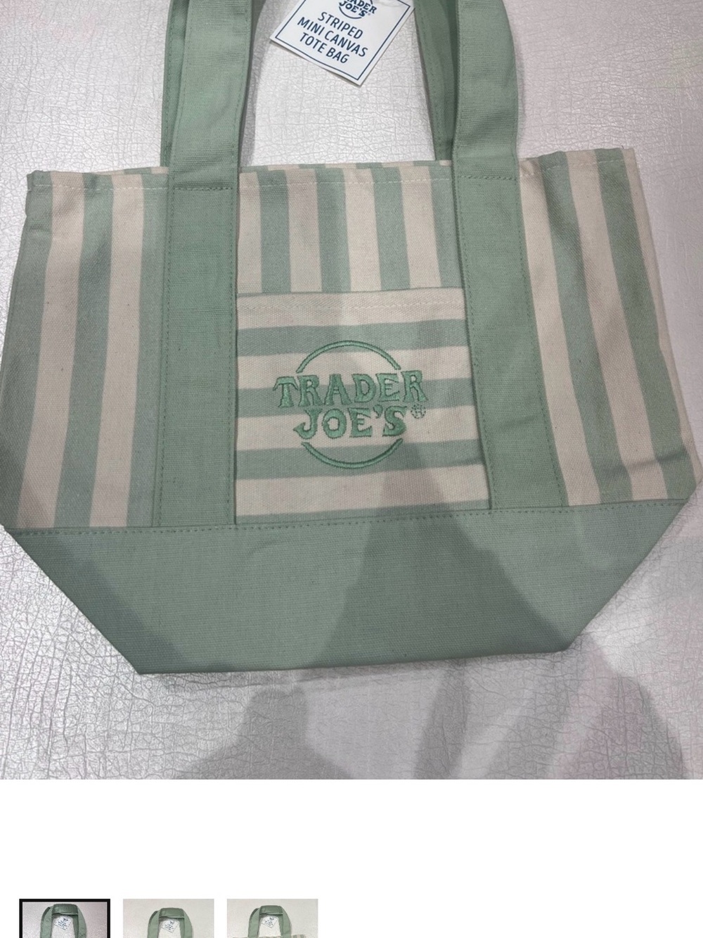 Trader Joe’s Striped Mini Canvas Tote Bag in Sage Green